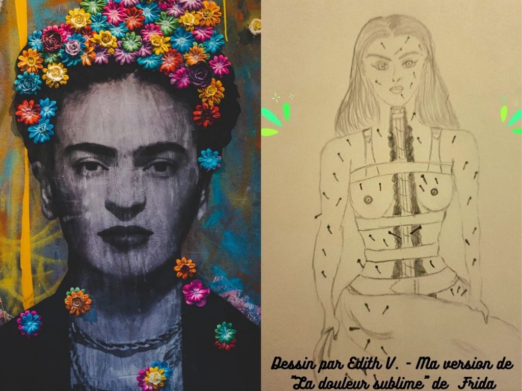 Dessin de Edith V. inspiré par autoportrait Douleur Sublime de Frida Kahlo