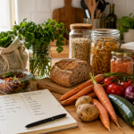 Imperfect vegetables, herbs, bread, and pantry staples on a kitchen counter for reducing food waste at home.
