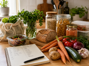 Imperfect vegetables, herbs, bread, and pantry staples on a kitchen counter for reducing food waste at home.