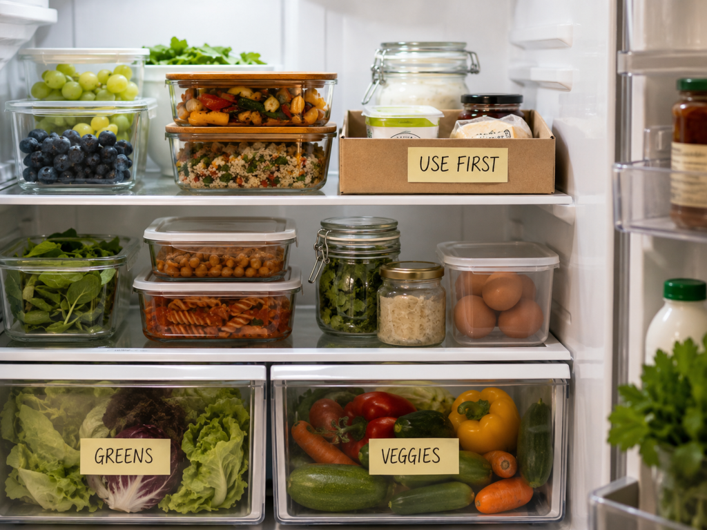Organised fridge with leftovers, fresh produce, and a use-first box to help food last longer.