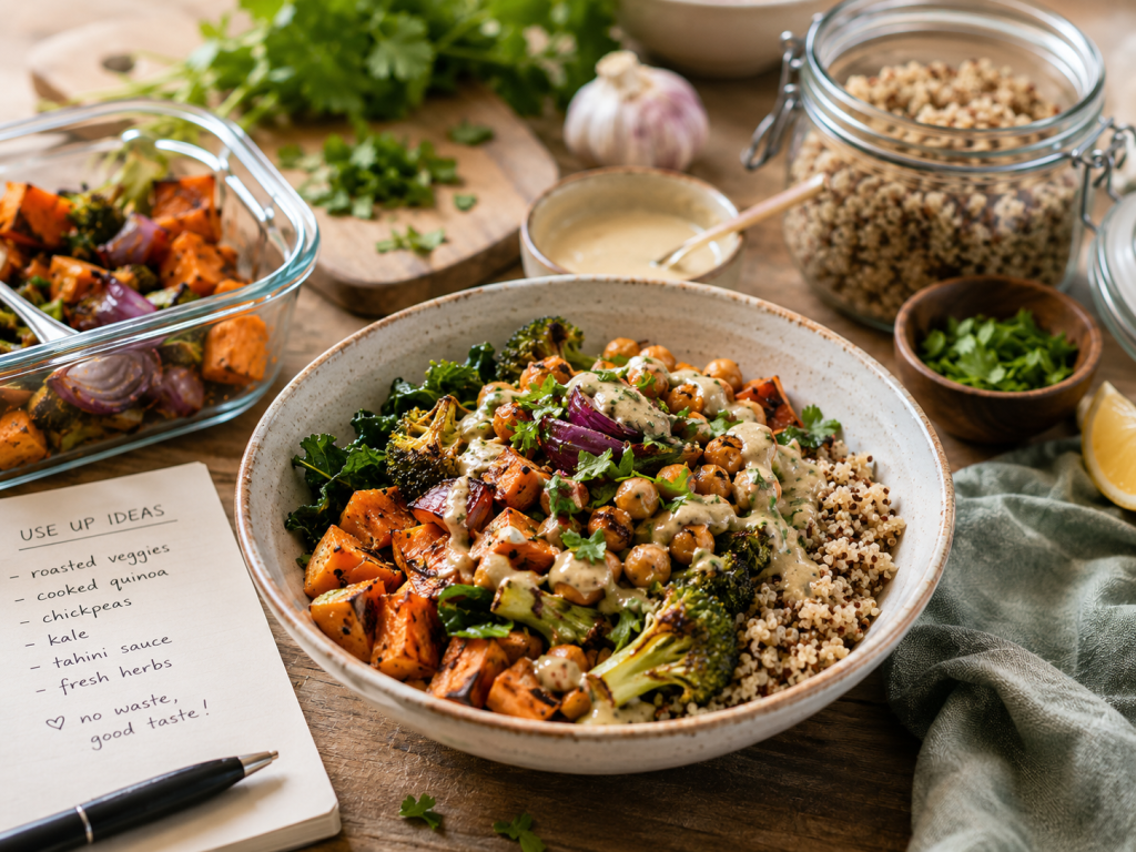 Colourful grain bowl made with leftover vegetables, herbs, and sauce as an anti-waste cooking idea.